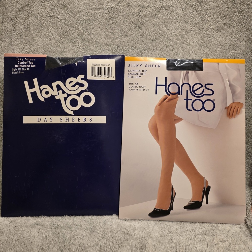 Vtg Hanes Too Day Pantyhose Classic Navy Control Top Sandalfoot & Reinforced AB
